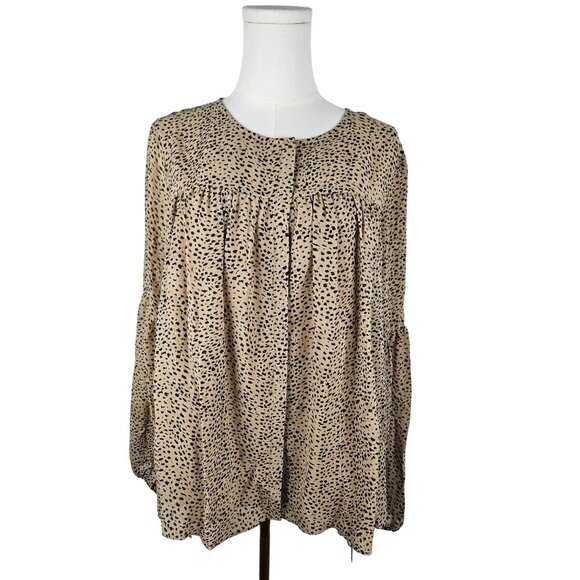 Halston Blouse Size Medium Babydoll Poet Tan Black Animal Print - Picture 1 of 9